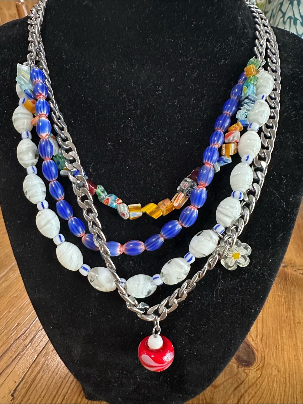 Free People Layered Blue, White & Red Beaded Necklace with Silver-Tone Chains